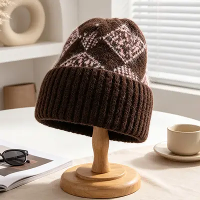 Korean-Style Diamond Jacquard Winter Knit Hat with Ear Protection - 8