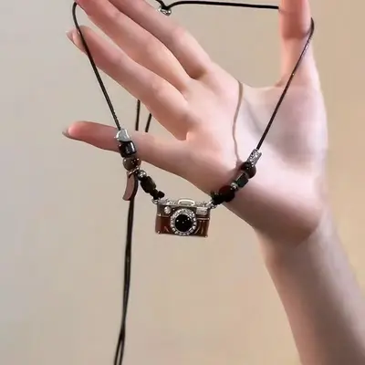 Retro film camera pendant, brown, adjustable