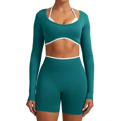 Dikişsiz sahte iki parça kadın spor üstü, uzun kollu, koşu ve fitness
