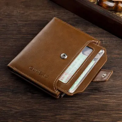 Men's Short Bifold Leather Wallet with Multiple Card Slots and Zipper - 5
