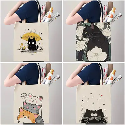 Cross-border popular cute cat print canvas bag shoulder foldable tote bag shopping bag travel bag customizable