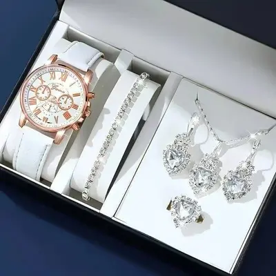 Lüks kadın kuvartz saat beş parçalı set, taşlı kolye ve küpe - 4