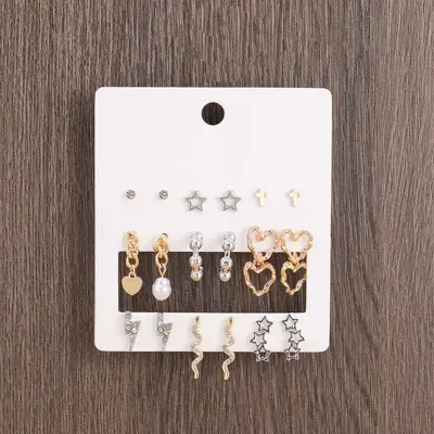 Multi-Pair Earring and Stud Set, Alloy Card-Mounted Earrings - 9