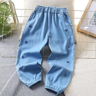 Tencel Denim Kids Trousers with Embroidered Heart, Anti-Mosquito, Medium to Large Sizes