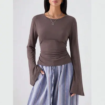 Women's Solid Color Boat Neck Flared Long-Sleeve T-Shirt - 7