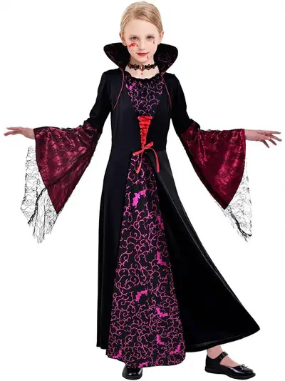 Children's Halloween Witch Costume, Long-Sleeve, Medieval Retro Printed Dress