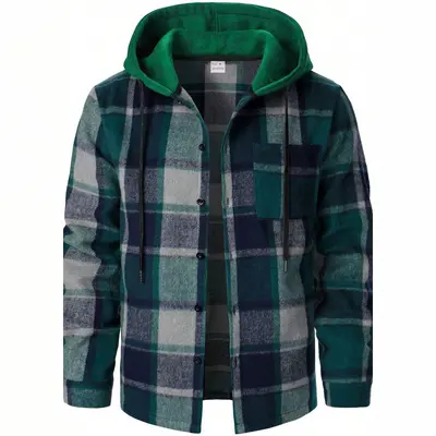 Cross-Border Trendy Amazon Spring Autumn Men's Warm Hooded Plaid Shirt European Size Casual Loose American-Style Jacket