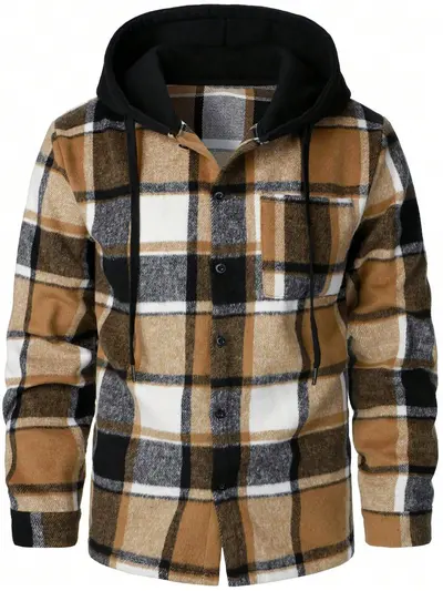 Men's warm hooded plaid shirt, loose casual fit, American-style jacket - 8