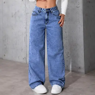 Damen-Jeans, hoher Bund, weites Bein, schwarz, gerade geschnitten - 9