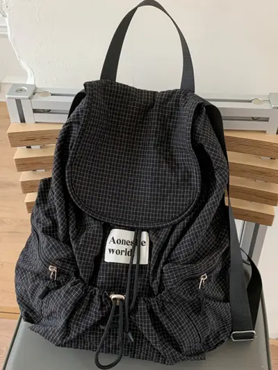 Korean-Style Lightweight Nylon Plaid Backpack, Large Capacity, Drawstring Tote - 3