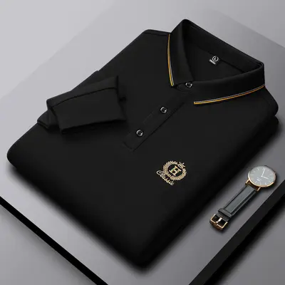 Men's Long Sleeve Mulberry Silk Polo Shirt, Embroidered