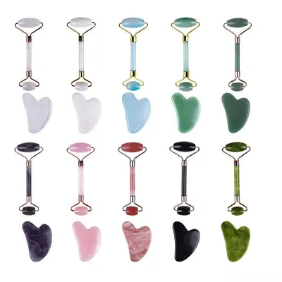 Amazon Bestseller Pembe Kristal Jade Çift Başlı Roller Masaj Cihazı Kalp Şekli Kazıyıcı Plaka Özel Masaj Kazıyıcı Plaka Stok Ürün