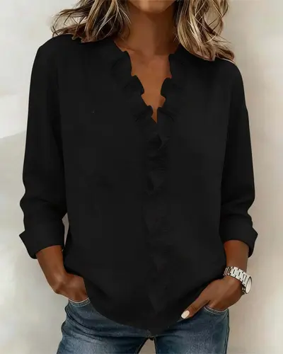 Women's Ruffled Edge Long Sleeve Cotton Shirt, Spring Style - 8