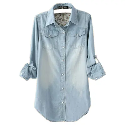 Women's Oversized Long Sleeve Denim Shirt, Spring Autumn, Korean Style
