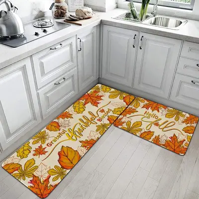 Thanksgiving Kitchen Two-Piece Set, Pumpkin Water and Oil Absorbing Floor Mat