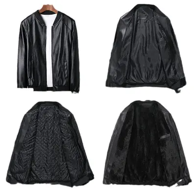 Men's PU Leather Baseball Collar Jacket, Fleece-Lined - 5