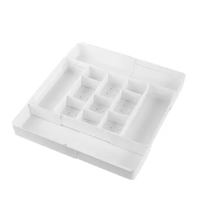 Expandable drawer storage box, plastic, transparent