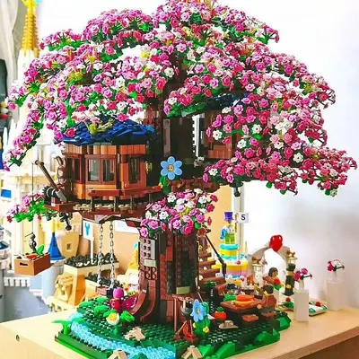 Pembe Kiraz Çiçeği Ağaç Evi Yapı Seti, DIY Dekoratif Obje, Zor Seviye