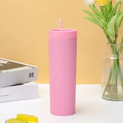Sınır ötesi yeni çift katmanlı plastik düz bardak buzlu hissi veren 473 ml pipetli bardak AS kauçuk boya plastik - 9