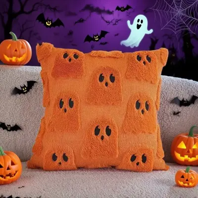 Halloween Ghost Throw Pillow Cover, White Bat and Skull Plush Decoration