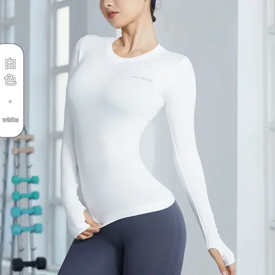 新款紧身速干显瘦瑜伽服修身跑步运动长袖新款专业普拉提训练上衣 - 11
