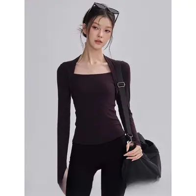 Damen Langarm-Yoga-Oberteil mit Brustpolster, Herbst und Winter - 6