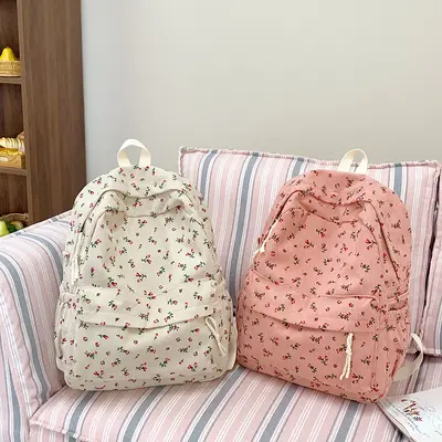 Small Floral Print Corduroy Backpack, Lightweight School Bag for Students