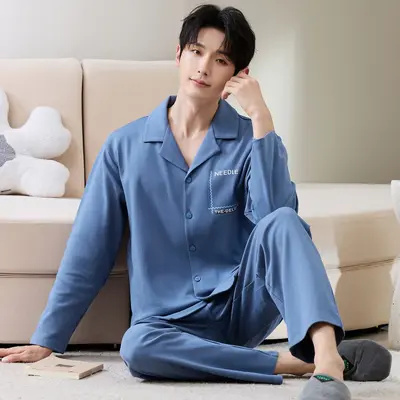 Men's Cotton Long-Sleeve Cardigan Pajama Set, Plus Size