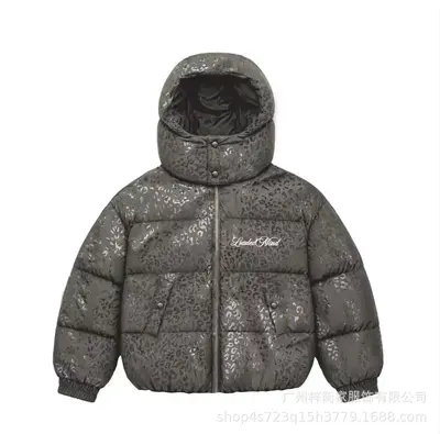 Women's Black Leopard Print Hooded Short Winter Coat, Waterproof Thick Cotton Jacket - 9