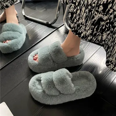 Women's Plus Size Fluffy Slippers, Non-Slip Cotton House Slippers