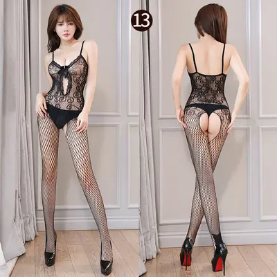 Kadın Seksi Şeffaf Ağ Iç Çamaşırı Takımı, Açık Kasıklı Tek Parça Çorap - 7