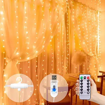 Sınır ötesi Amazon LED bakır tel ışık perdesi ışık zinciri USB uzaktan kumanda 3*3 kancalı Noel düğün yatak odası dekorasyonu