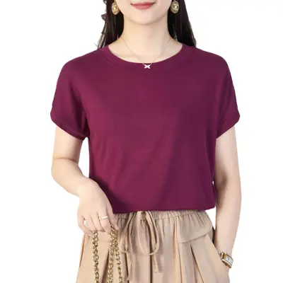 Women's TikTok Batwing Sleeve T-Shirt, Crew Neck, Summer Solid Color, Simple Dropped Shoulder Sleeve, Casual Versatile Loose Short Sleeve T-Shirt for Women.