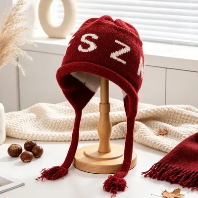 Letter-Design Knit Hat for Women, Windproof with Tassel and Ear Protection - 7