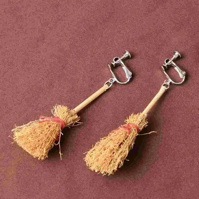Halloween Broom Pendant Earrings, Ear Clips, Witch Design