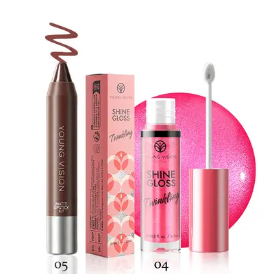 YOUNG VISION 2er Lippen-Make-up-Set, Glitzer-Lipgloss und mattierter Lippenkonturenstift