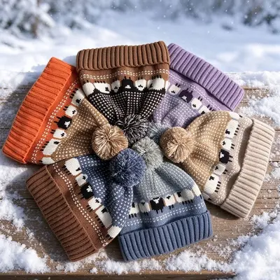 Fair Isle Retro Örgü Bere Kulak Korumalı Çocuk Ponpon Detaylı