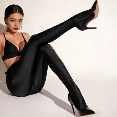 Glossy Polyester Footed Leggings, Stretch, Spring Summer - 4