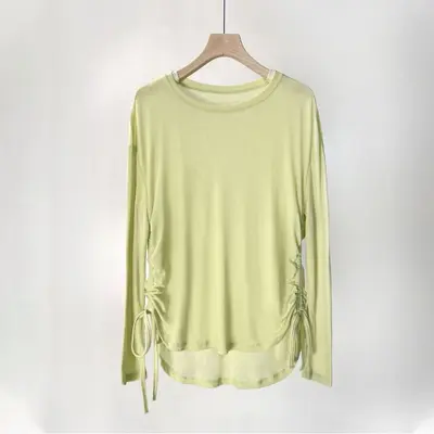 Tencel Ribbed Women's Long-Sleeve Yoga Running Top, Drawstring Loose Fit - 3