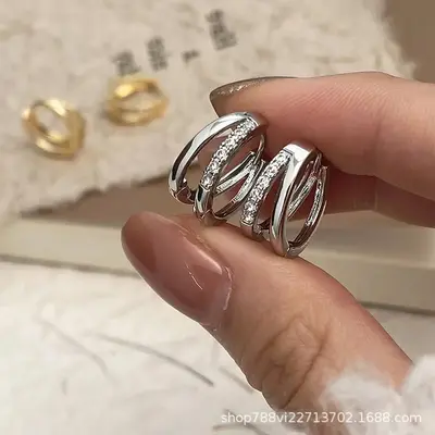 Gümüş kulak klipsi rhinestone, çift katman halka, pirinç