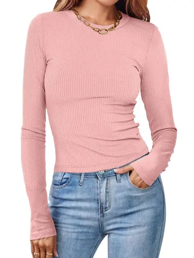 Women's Round Neck Long Sleeve Ribbed Solid Color Crop Top T-Shirt