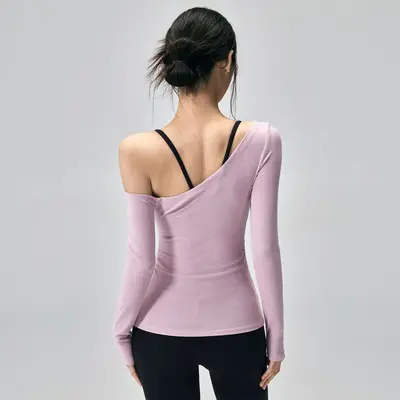 Damen-Yoga-T-Shirt, Langarm, Slim Fit, Schulterfrei
