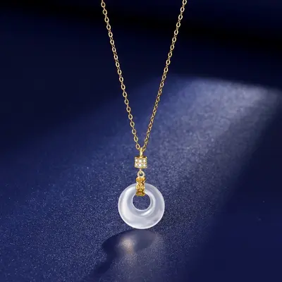 S925 gümüş beyaz kalsedon kolye, emniyet tokalı, çin tarzı