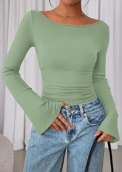 Kadın örme üst, sonbahar çan detaylı uzun kollu, slim fit fırfırlı kazak - 8