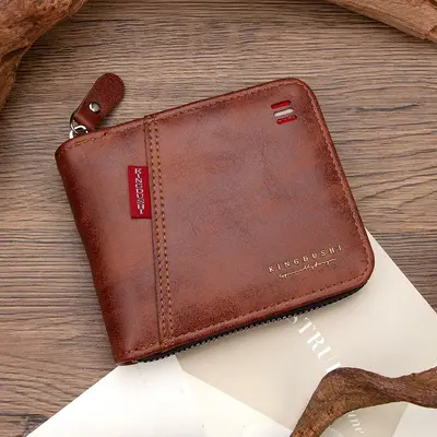 Erkek Kısa Cüzdan, Yağlı Deri Patchwork, Çoklu Kart Gözü, Fermuarlı Bozuk Para Bölmesi - 9