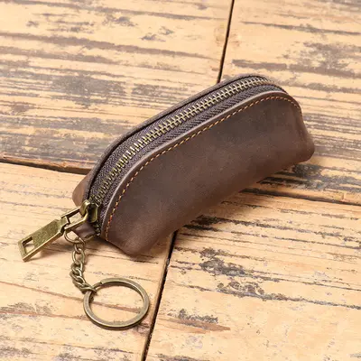 Genuine Leather Men's Coin Wallet with Crazy Horse Leather Key Case and Cowhide Hand Stora - 8