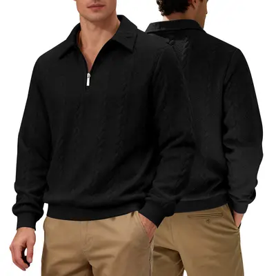 Erkek Fermuarlı POLO Sweatshirt, Doku Desenli, Büyük Beden