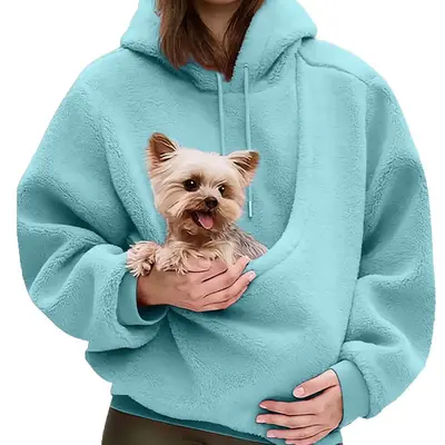 BK8837# Amazon Avrupa Amerika Sonbahar Kış Sınır Ötesi Düz Renk Kapşonlu Peluş Evcil Hayvan Cepli Geniş Kesim Sweatshirt Kadın - 12