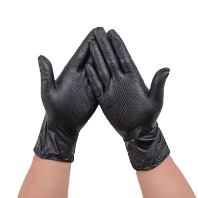 Thickened Black Nitrile Disposable Gloves, Synthetic Diamond Pattern, Non-Slip, Oil-Resist