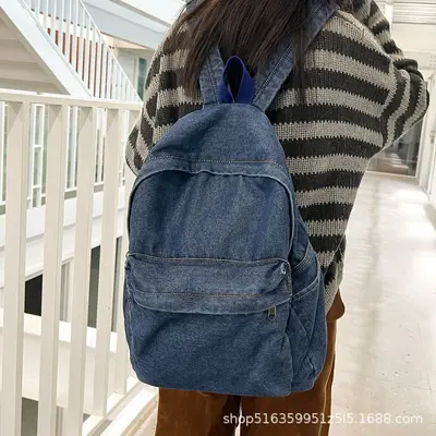 Vintage Washed Denim Backpack with Laptop Compartment - 1